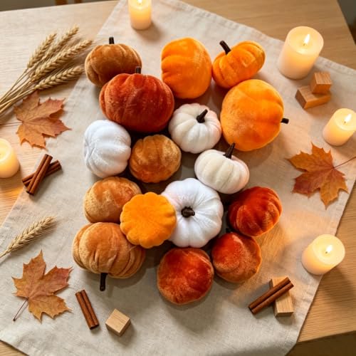 16Pcs Velvet Pumpkin Decor Set for Fall Halloween Thanksgiving - Realistic Plush Pumpkins