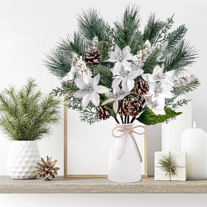 Artificial Christmas Poinsettia Picks with Faux Berries Pine Branches and Cones - Silver, Set of 6