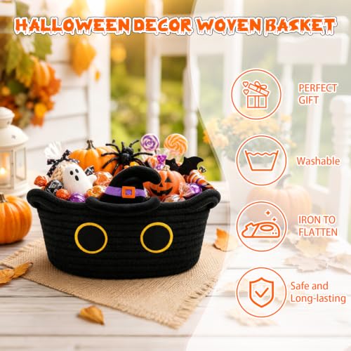 Halloween Black Cat Basket with Witch Hat - Cute Woven Storage Bin - Variation: BlackHat