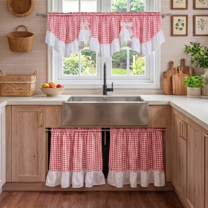 Red Gingham Ruffled Farmhouse Curtain Set - 3 Pieces, Valance 60x18 & Tiers 30x36, Variation of THIS listing