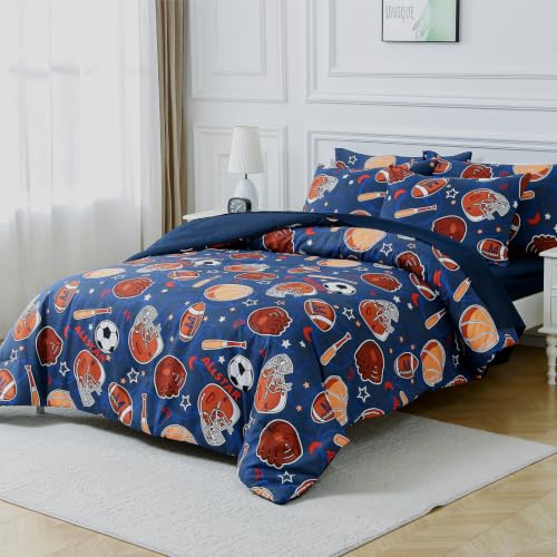 Glow in the Dark Blue Soccer Basketball Bedding Set Full Size for Boys Teen - 4 Pieces with Comforter Pillow Sham