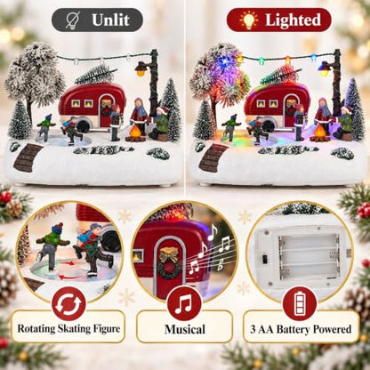 Animated Christmas Camper Village Scene with Skating & Lights - Multicolor
