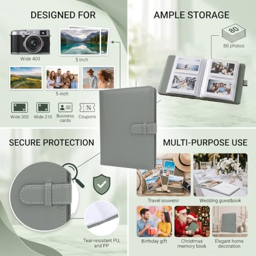 Green 3.5x5 Photo Album for Wide 400, 300, 210 Instant Cameras, 80 Pockets