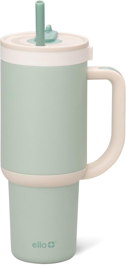 Ello Oasis 30 oz Tumbler - Insulated Stainless Steel Cup with Handle & Straw | 100% Leakproof, Keeps Drinks Cold for 24 Hours, Pistachio