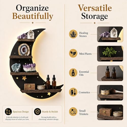 Moon Black Crescent Moon Crystal Display Shelf with LED Light Wall Decor