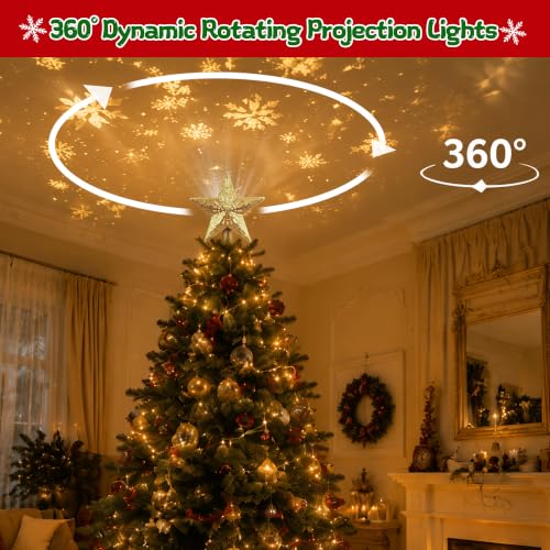 Gold Christmas Star Tree Topper with LED Projector, 6 Projection Modes