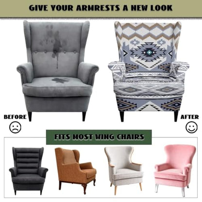 2 Pieces Wingback Chair Slipcover Light Gray Blue Aztec Pattern - Reversible & Stretchable