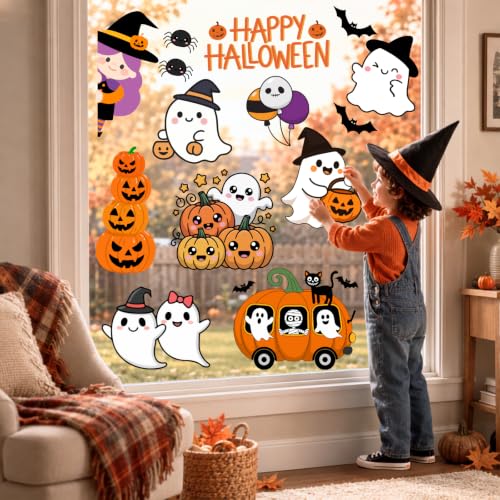 Halloween Window Stickers Set - Ghost Pumpkins Bats for Glass Doors & Windows