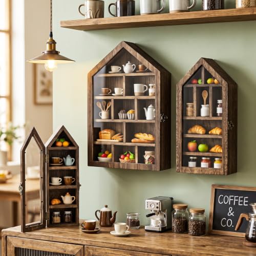 Brown House-Shaped Wooden Trinket Shelf Set with Doors - 3 Pieces