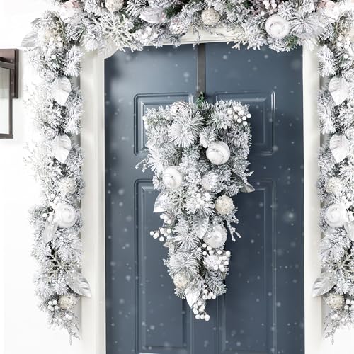 Silver White Christmas Teardrop Swag - 30 Inch Frosted Berry Garland for Indoor Holiday Decor