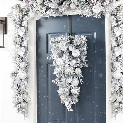 Silver White Christmas Teardrop Swag - 30 Inch Frosted Berry Garland for Indoor Holiday Decor