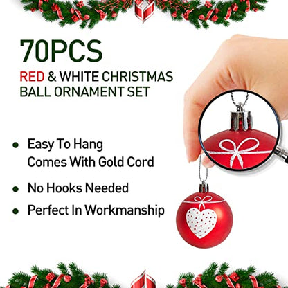 Red and White Christmas Tree Ornaments Set - 70 Pcs Holiday Decorations