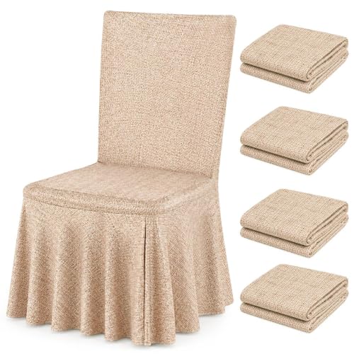 Ruffled Skirt Dining Chair Covers Set - 4 Pack Linen-Look Stretch Covers