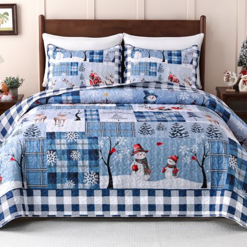 King Size Christmas Quilt Set Blue Buffalo Plaid Bedding with Pillowcases - Seasonal Home Decor