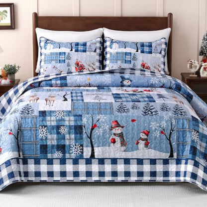 King Size Christmas Quilt Set Blue Buffalo Plaid Bedding with Pillowcases - Seasonal Home Decor