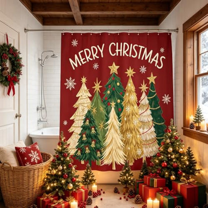 Burgundy Red Christmas Shower Curtain Set with 12 Hooks 72x72 Inches