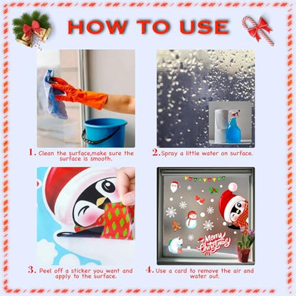 Christmas Window Clings Double-Sided Decor - Santa Snowman Reindeer Penguins & Snowflakes - 6 Sheets for Indoor Outdoor Holiday Scene - Christmas Day