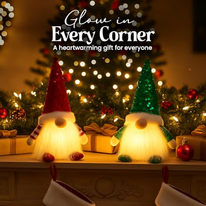 Christmas Lighted Gnome Decorations Set - Red & Green, 12 Inch Scandinavian Plush Gnomes