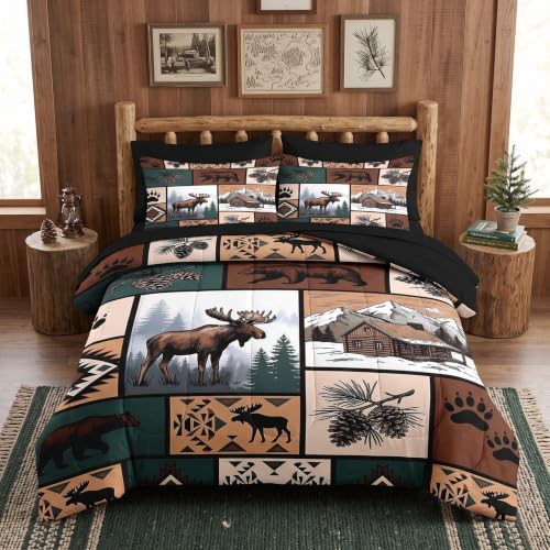 WeCozy Queen Size Comforter Set - Rustic Lodge Bear Moose Bedding Variation 2