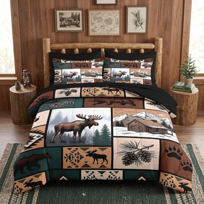 WeCozy Queen Size Comforter Set - Rustic Lodge Bear Moose Bedding Variation 2