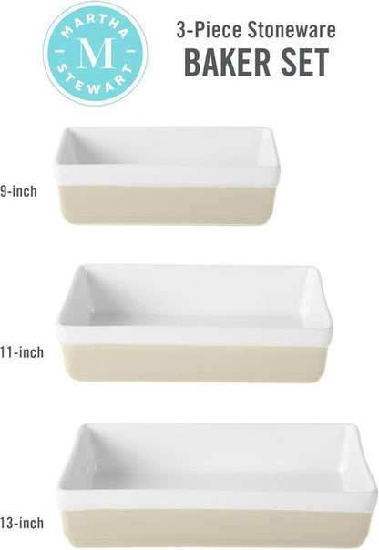 Martha Stewart 3-Piece Stoneware Bakeware Set - Durable Oven-Safe Baking Dishes in Grey