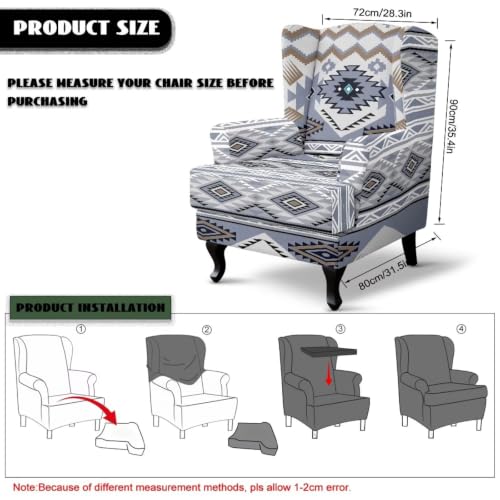 2 Pieces Wingback Chair Slipcover Light Gray Blue Aztec Pattern - Reversible & Stretchable