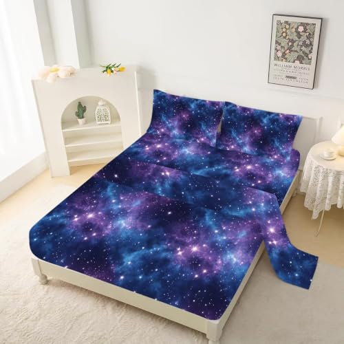 Galaxy Starry Sky Bed Sheet Set Queen - Purple Blue Nebula Bedding
