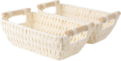 StorageWorks Round Woven Paper Rope Basket - Stylish Beige Baskets with Wooden Handles | 2-Pack