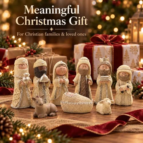 9 Piece Nativity Set with Knit-Look Resin Figures - Christmas Scene Decor