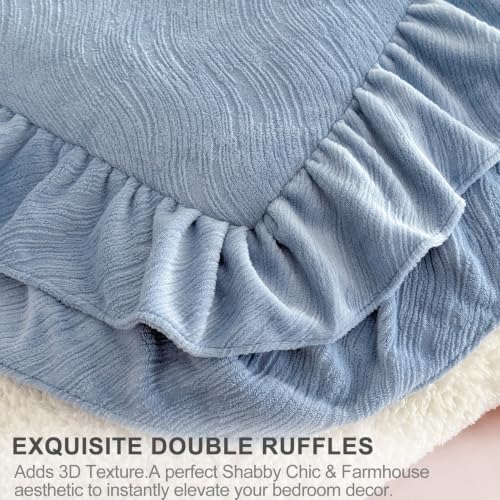Twin Fluffy Sherpa Comforter Set Blue Ruffle Bedding - Super Soft Fleece
