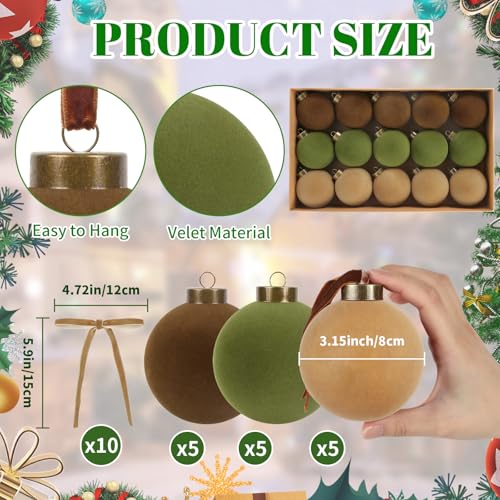 Velvet Christmas Balls Set - 15pcs 3.15 Inch Flocked Ornaments with 10 Bows - Brown, Green, Khaki