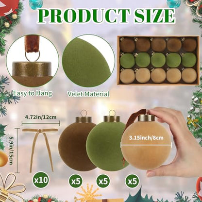 Velvet Christmas Balls Set - 15pcs 3.15 Inch Flocked Ornaments with 10 Bows - Brown, Green, Khaki