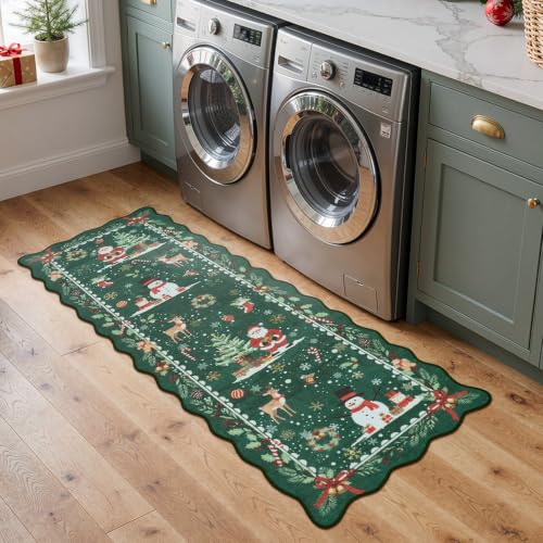 Green Christmas Runner Rug 2x6 Feet Scalloped Holiday Decor Non-Slip