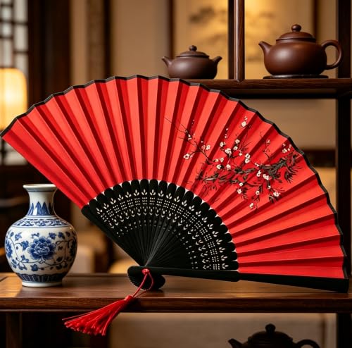 Red Silk Folding Hand Fan with Plum Blossom Print - Traditional Chinese Decor