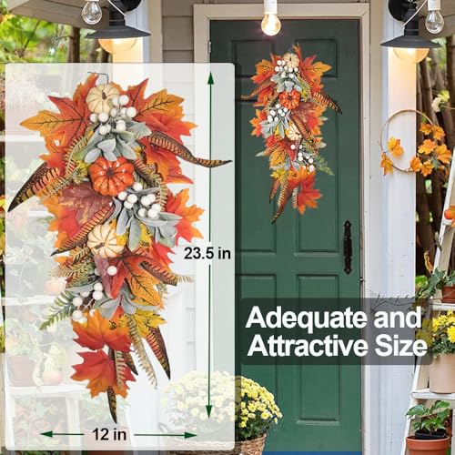 Pre-Lit Fall Teardrop Swag Wreath for Front Door - Autumn Halloween Decor