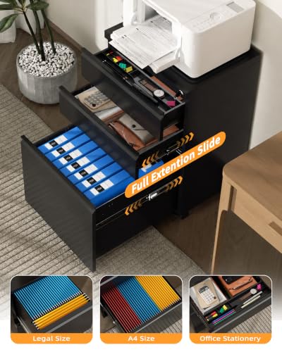 Omelaza Fully Assembled 3-Drawer Mobile File Cabinet Lockable Black