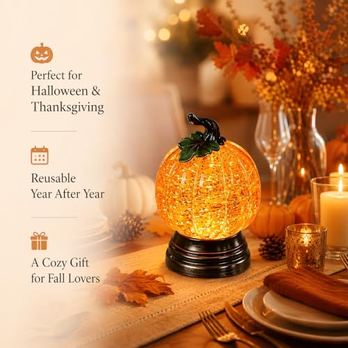 Glitter Lighted Pumpkin Snow Globe - Halloween Decor with Warm Orange LED - Without Battery