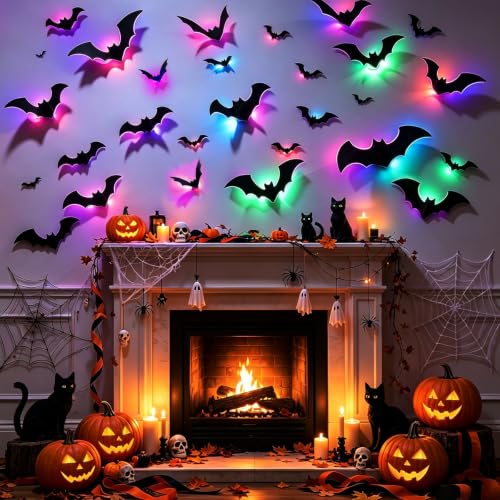 Purple Light-Up 3D Bat Wall Decals Halloween Indoor Outdoor Decorations