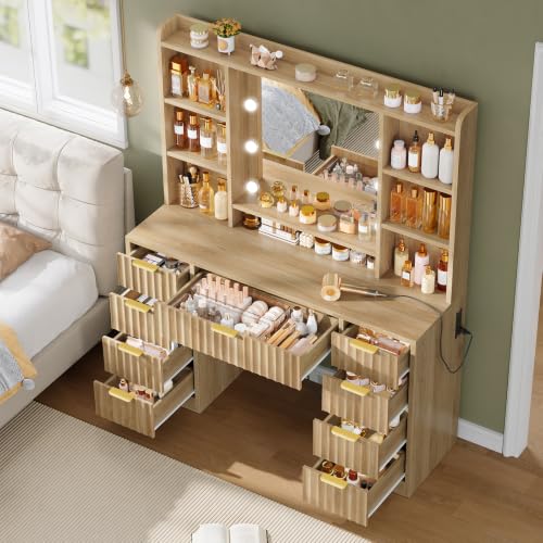 Fluted Vanity Desk with Mirror & 9 Drawers, 6 Open Shelves, 10 Bulbs, 3 Lighting Modes, Built-in Outlet