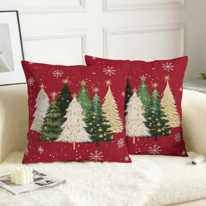 Red Christmas Pillow Covers 18x18 Set of 2 Watercolor Xmas Tree Snowflakes Holiday Cushion Cases - Variation of Christmas Tree Red / 18" x 18"