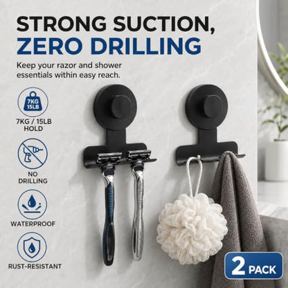 2 Pack Shower Razor Holder with Suction Hooks - Rustproof Metal Bathroom Storage