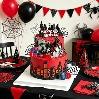 46Pcs Spider Cake Toppers Set - Black Red Silver Yellow City Theme Decorations