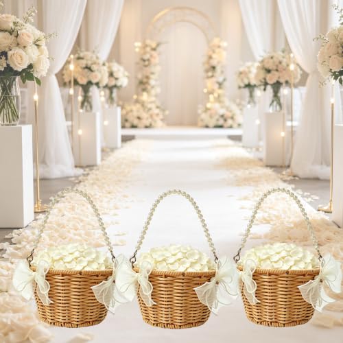 Wedding Flower Girl Basket Set with Pearl Handle & Petals, Rustic Rattan