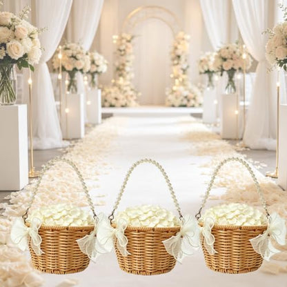 Wedding Flower Girl Basket Set with Pearl Handle & Petals, Rustic Rattan