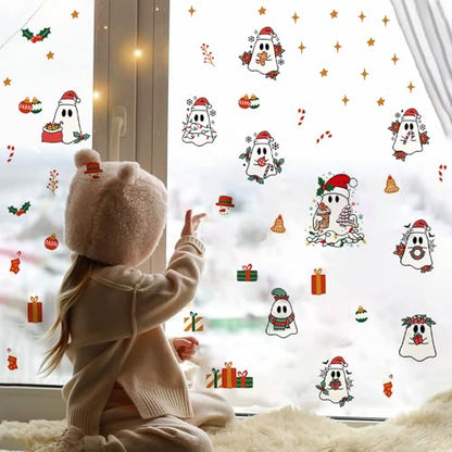 Self-Adhesive Christmas Ghost Window Clings - Style 8, Holiday Decor, 6 Sheets