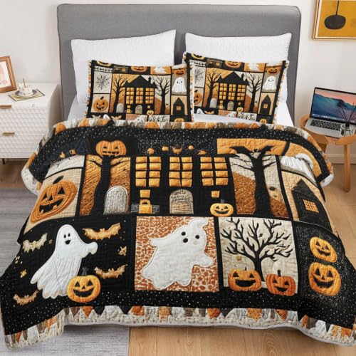 HOSIMA Kids Halloween Bedspread King Patchwork Quilt with 2 Pillowcases - Orange-Black