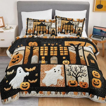 HOSIMA Kids Halloween Bedspread King Patchwork Quilt with 2 Pillowcases - Orange-Black