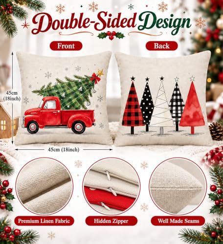 Christmas Pillow Covers 18x18 Inch Set of 4 Double-Sided Linen Decor - Holiday