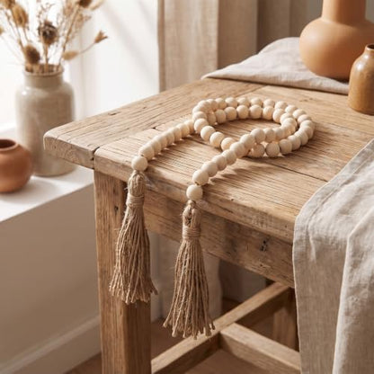 Farmhouse Wood Bead Garland with Tassels - Rustic Home Decor, 35 Inches
