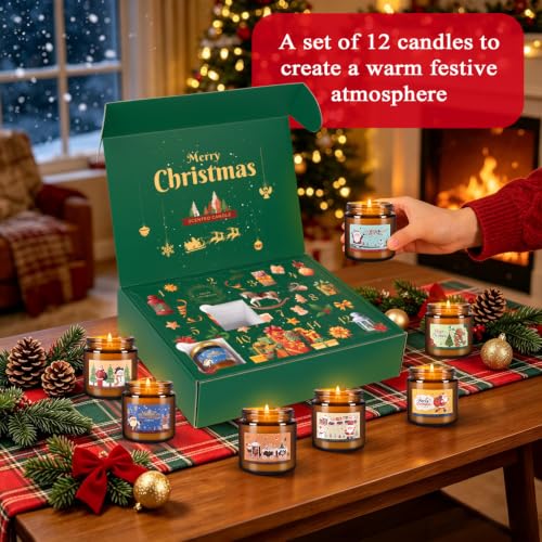 12pcs Holiday Scented Candles Set with Red & Green Variations Christmas Calendar Gift